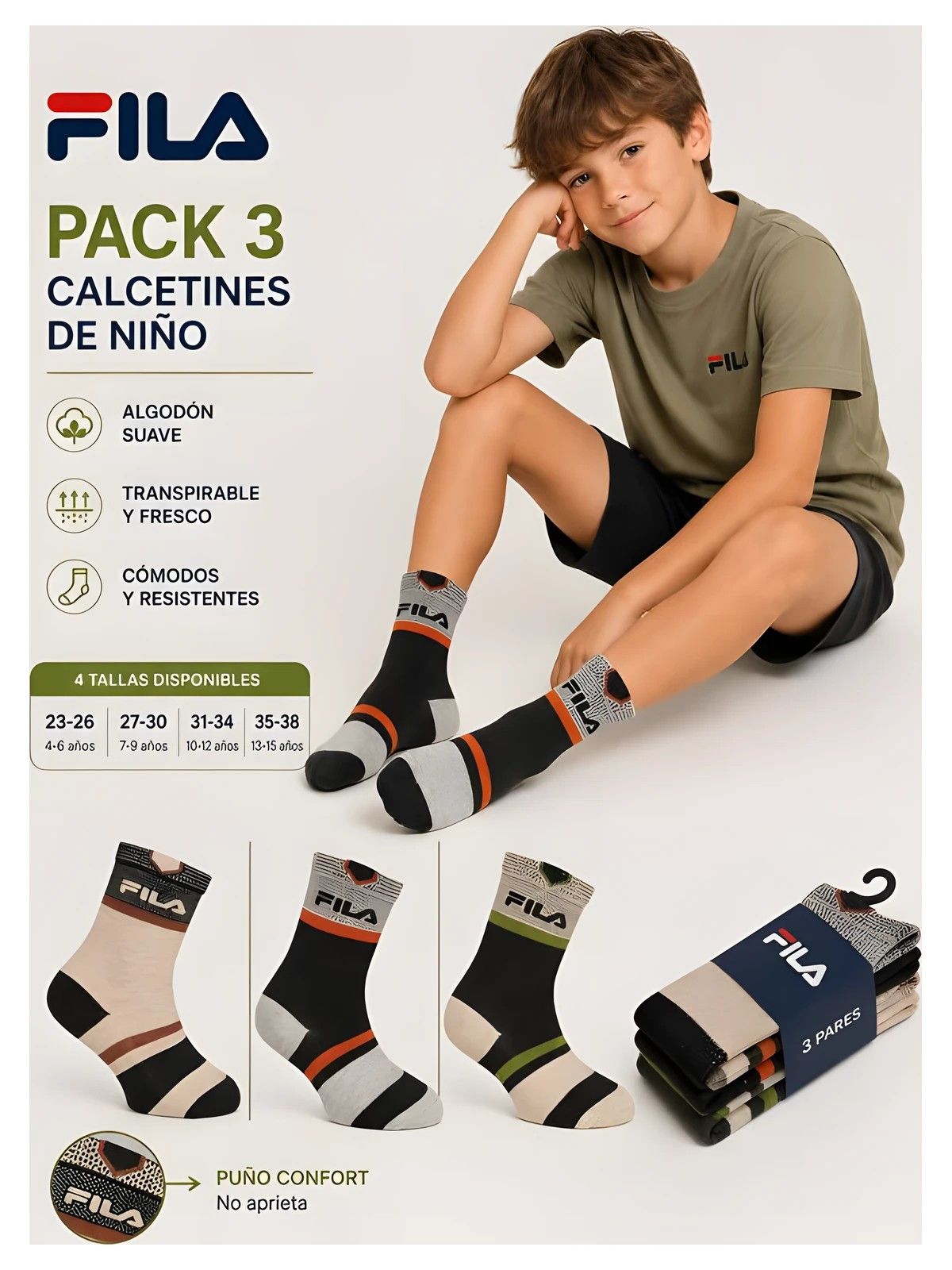 Calcetín Junior Niño Liso Fila Pack de 3 Fila - 1 Calcetín Junior Niño Liso Fila Pack de 3 Fila - 1